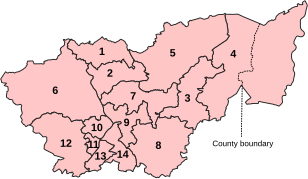 Numbered map of the parliamentary constituencies of South Yorkshire created by the 2023 boundary review and first used at the 2024 UK general election.