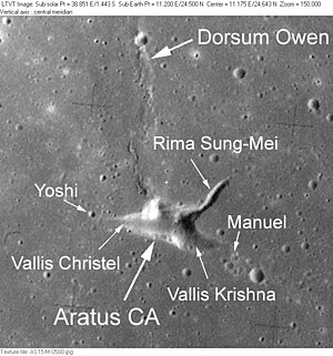 Aratus CA mit Nebenstrukturen und Dorsum Owen (Aufnahme Apollo 15)