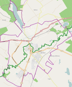 Mapa konturowa Brodnicy, w centrum znajduje się punkt z opisem „Kościół Świętej Katarzyny Aleksandryjskiej w Brodnicy”