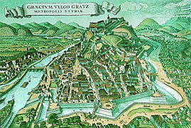 Graz vor 1657, Blick Richtung Norden. Links unten das Neutor, das Kälberne Viertel nördlich davon ist zur Mur noch offen, der Verlauf der mittelalterlichen Stadtmauer östlich davon erahnbar.