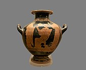 Hermonax, between 470 and 450 BC, Seated woman holding a mirror and talking with two women, Hydria, Archaeological Museum of Rhodes