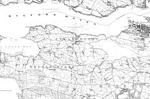 mostly hand-drawn map showing a wide river inlet at the top and fields and buildings on the rural landscape below