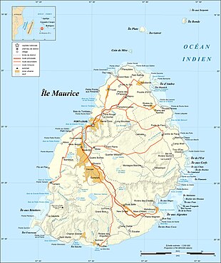 Mauritius is an island roughly 20 miles in diameter, about 500 miles east-southeast of Madagascar. Its built-up areas are in its northwest. Grand Port is a bay protected by reefs.