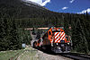 A CP Rail train passes under itself in the lower tunnel