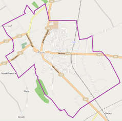 Mapa konturowa Rypina, po lewej znajduje się punkt z opisem „Stadion MOSiR w Rypinie”