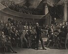 Henry Clay stellt den Kompromiss von 1850 im alten Plenarsaal des Senats vor. Im Hintergrund sind unter anderem Daniel Webster und John C. Calhoun.