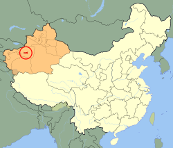 Aral (red) in Xinjiang Province (orange) and China