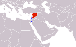 Israël (blauw) en Syrië (rood).