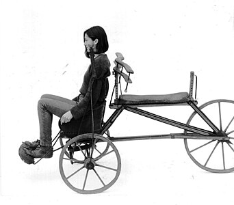 A tricycle draisine with a front-facing seat for a female passenger.