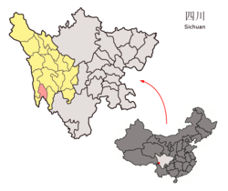 Location of Xiangcheng County (red) within Garzê Prefecture (yellow) and Sichuan