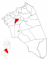 Location of Hainesport Township in Burlington County highlighted in red (right). Inset map: Location of Burlington County in New Jersey highlighted in red (left).