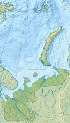 Mapa konturowa obwodu archangielskiego, na dole po lewej znajduje się punkt z opisem „Archangielsk”