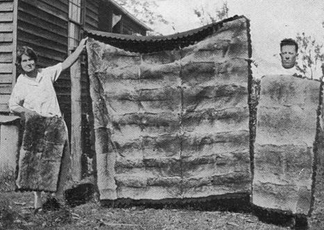 Australische Landfrau mit selbstgearbeiteten Wallaby-Plaids (ca. 1930)
