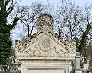 Neoclassical pediment with acroteria of the Grave of Alexandrina Grejdanescu and Barbu Grejdanescu, Bellu Cemetery, Bucharest, Romania, unknown architect or sculptor, c.1871