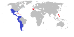 Spain and its colonies. In blue, territories lost between 1811 and 1825.