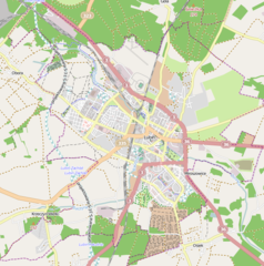 Mapa konturowa Lubina, w centrum znajduje się punkt z opisem „Parafia św. Jana Bosko”