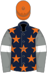 Dark blue, orange stars, grey sleeves, white armlets, orange cap