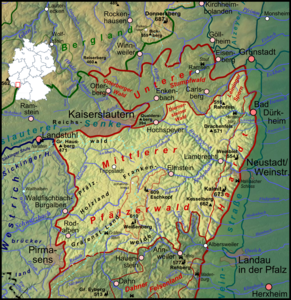 Lage des Mittleren Pfälzerwalds (aufgehellt) im Pfälzerwald