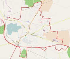 Mapa konturowa Pniew, blisko centrum na lewo znajduje się punkt z opisem „Parafia św. Wawrzyńca”