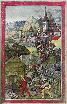 Darstellung des Überfalls schwäbischer Landsknechte auf ein Dorf während des Schwabenkriegs 1499