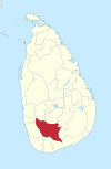 Area map of Ratnapura District, some distance from the south western coast with its western and southern borders converging towards the north west, in the Sabaragamuwa Province of Sri Lanka