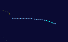 A track map of the westward path of a tropical storm over the Eastern and Central Pacific Ocean