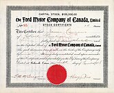 Aktie der Ford Motor Company of Canada, ausgestellt am 10. November 1908 in Walkerville, Ontario, eingetragen auf Henry Couzens, im Original unterschrieben von Henry Ford als Präsident