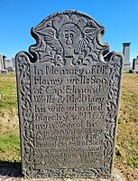 Rare feathered wing elaborate marker. Gillead Cemetery, Hebron, Connecticut.