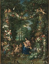 Die Heilige Familie in einem Blumen- und Früchtekranz von Jan Brueghel dem Älteren, etwa 1620 bis 1623