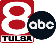 A red rounded rectangle with a white 8. Beneath is a white portion of the rounded rectangle with the word TULSA in black. The ABC network logo, a black disk with the letters a b c, overlaps the rectangle to the right.