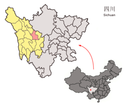 Location of Dawu County (red) within Garzê Prefecture (yellow) and Sichuan.