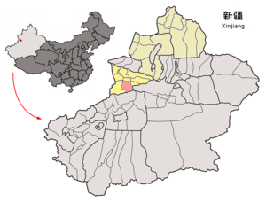 Tekes İlçesi'in Sincan Uygur Özerk Bölgesideki konumu (pembe)