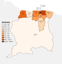 Bevolkingsdichtheid Per District in Suriname (Data 2012)