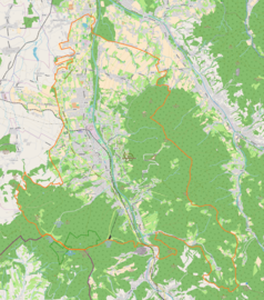 Mapa konturowa Ustronia, blisko centrum na dole znajduje się punkt z opisem „Ustroń Polana”