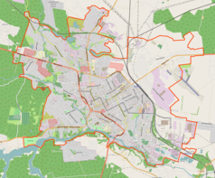 Mapa konturowa Żytomierza, blisko centrum na dole znajduje się punkt z opisem „Kościół ewangelicki w Żytomierzu”