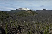 Small patches of forest stand before the Belknap shield volcano, which lies in the background.