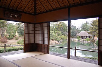 Takesunoko-en in the Geppa-rō rustic tea pavilion, overlooking the water at Katsura Imperial Villa (close-up, drainage)