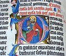 Initiale „P“ aus einer Bibel von 1407 in der Malmesbury-Abtei, England