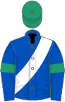 Royal blue, white sash, emerald green armlets and cap