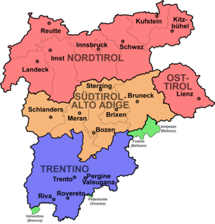 Map of Nordtirol, Sudtirol, and Trentino.