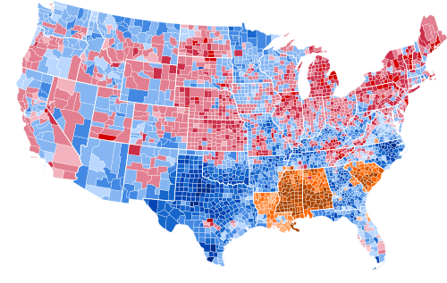 Results by county, shaded according to winning candidate's percentage of the vote