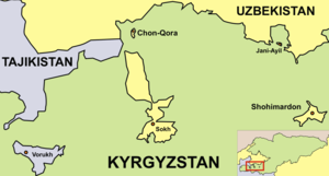 Map showing the three main exclaves in Kyrgyzstan. Vorukh is in blue on the bottom left,