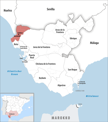 Die Lage des Gerichtsbezirk Sanlúcar de Barrameda in der Provinz Cádiz