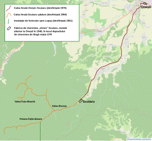 Hartă cu Calea ferată forestieră Onești–Scutaru