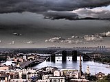 Panorama view of the bridge in 2012, pictured from the Arch of Freedom of the Ukrainian People