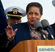 Myrlie Evers-Williams giving a speech