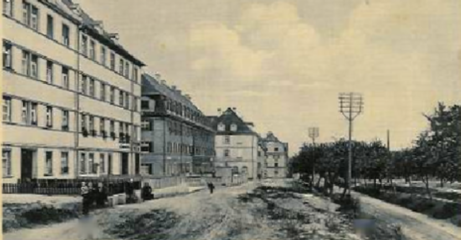 Niederwerrner Straße um 1928. Straßenabschnitt um die Heimburgstraße (im Bild erste Querstraße links) kurz vor Fertigstellung