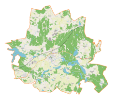 Mapa konturowa gminy Barczewo, na dole nieco na lewo znajduje się owalna plamka nieco zaostrzona i wystająca na lewo w swoim dolnym rogu z opisem „Jezioro Bogdańskie”