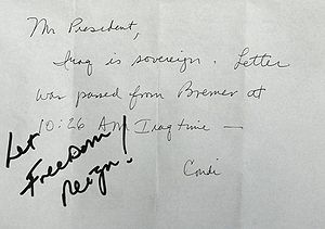 In this note, U.S. National Security Advisor Condoleezza Rice gave confirmation of Iraqi sovereignty to U.S. President George W. Bush, who then wrote, “Let Freedom Reign!” during the opening session of the NATO Summit in Istanbul, Turkey, on Monday, June 28, 2004.