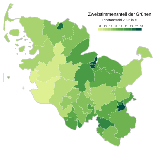 Bündnis 90/Die Grünen ﻿Höchstwerte: 31,9 % (Kiel-West) 31,7 % (Kiel-Nord) 31,5 % (Lübeck-Süd) 24,6 % (Flensburg) 22,3 % (Stormarn-Mitte) ﻿Tiefstwerte: 10,4 % (Dithmarschen-Süd) 11,4 % (Dithmarschen-Schleswig) 13,2 % (Rendsburg) 13,6 % (Mittelholstein) 14,1 % (Ostholstein-Nord)